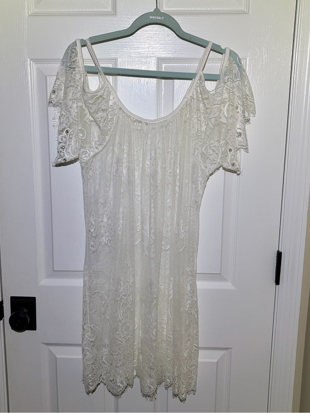 White Lace Cold-Shoulder Negligee with Crystal Rhinestone Embellishment.  OS